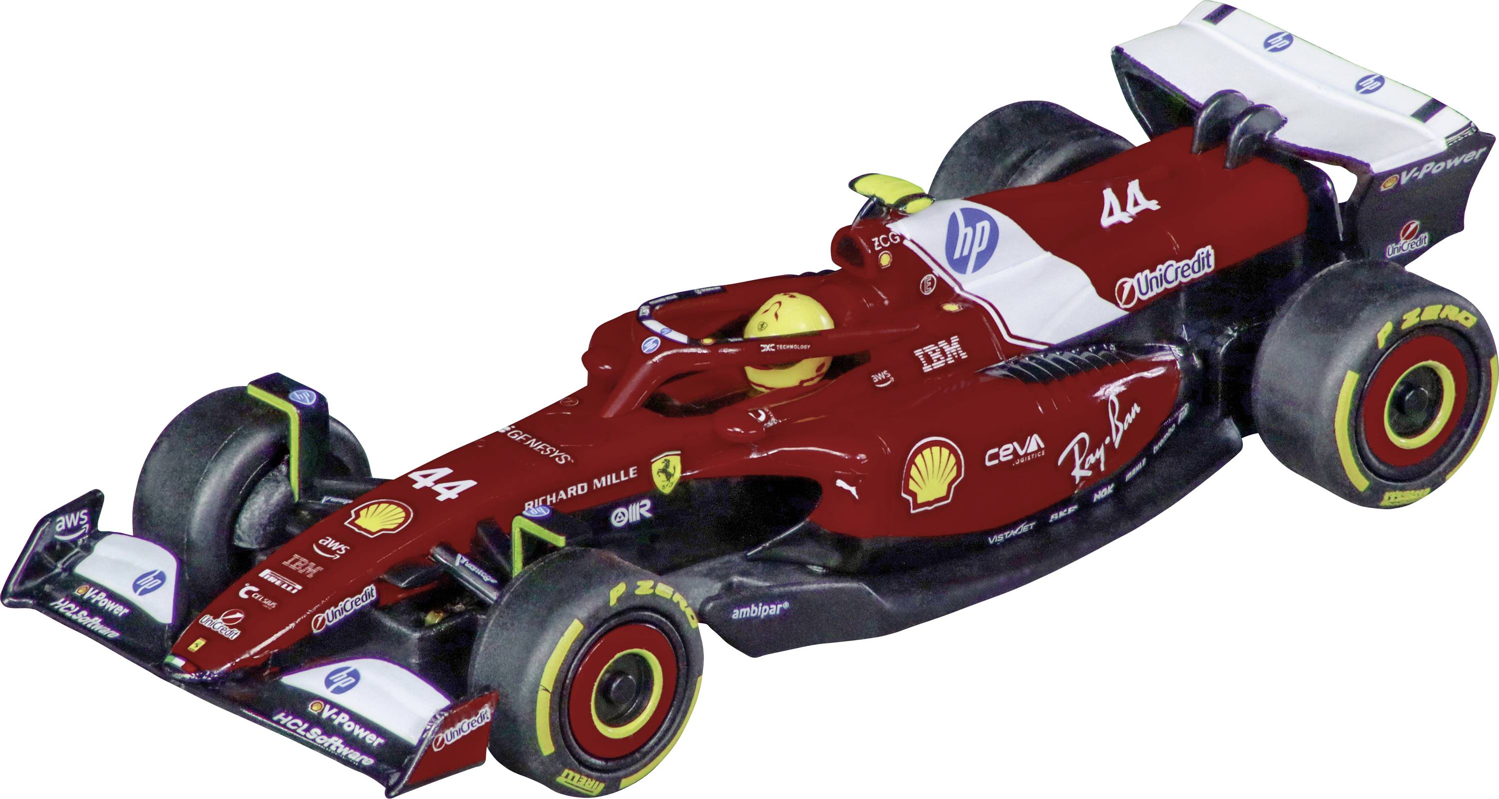 Une voiture de Formule 1 rouge et blanche avec des logos, des éléments de marque et le numéro '44' sur le côté. La voiture est détaillée avec des autocollants de sponsors.