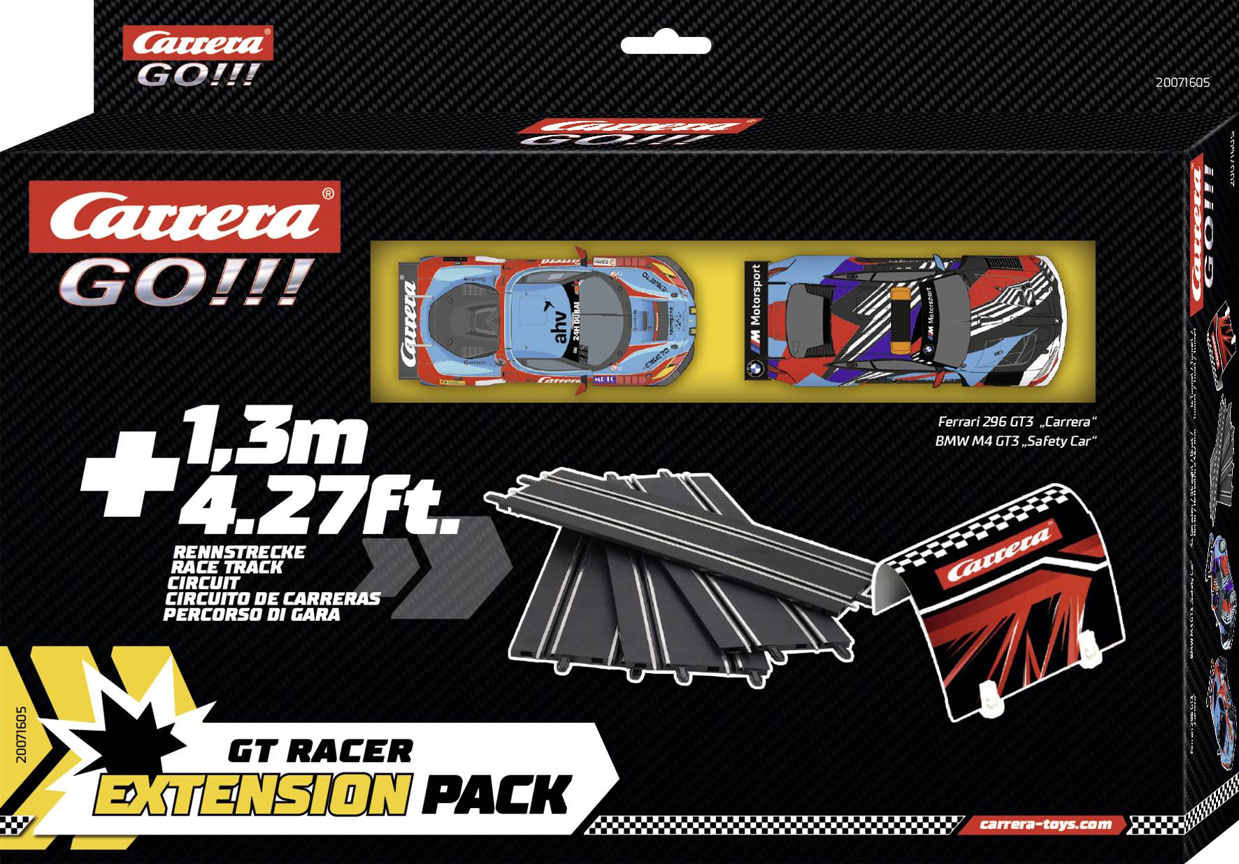 Pack d'Extension GT Racer comprenant un circuit, deux voitures de course et des éléments de piste. Texte indiquant '1.3m / 4.27ft'.