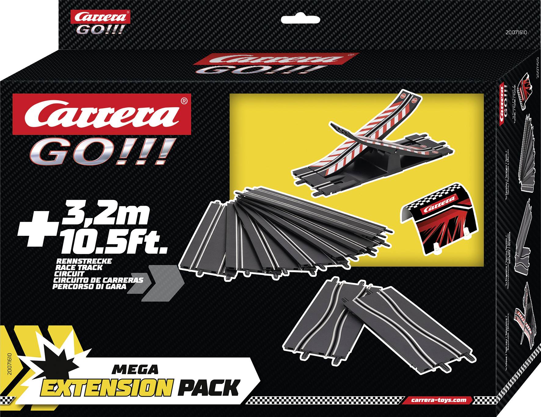 'Carrera GO!!! Pack d'Extension Méga', comprenant 3,2 mètres de circuit et d'accessoires pour voitures de slot avec un design d'emballage dynamique.