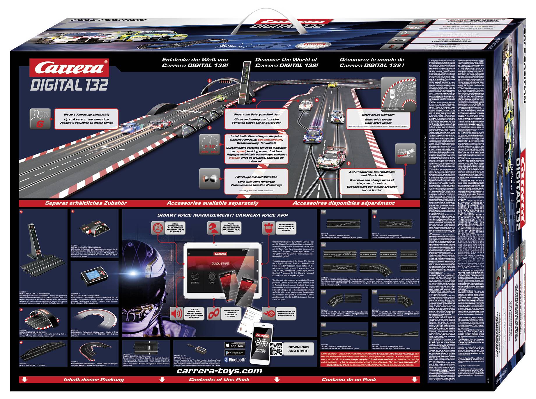 Box packaging for a Carrera Digital 132 slot car racing set. Features race track imagery, product description, and accessory details.