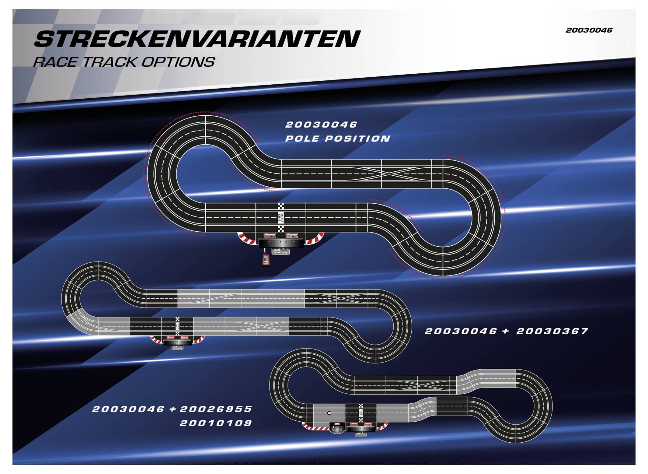 'Variantes de parcours - Options de circuit' affiche trois designs de circuit de course étiquetés 20030046, 20030046 & 20029655, 20030046 & 200300367 & 20030109.