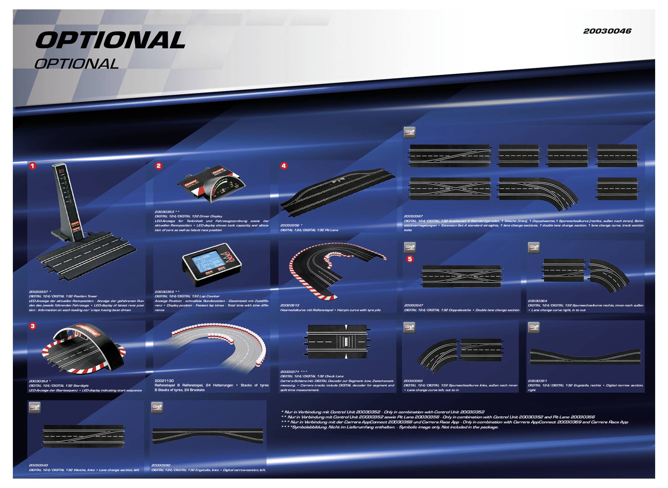 'Optional' catalog page displaying various track parts for a racing setup. Includes straight, curved, and intersection tracks with part numbers.