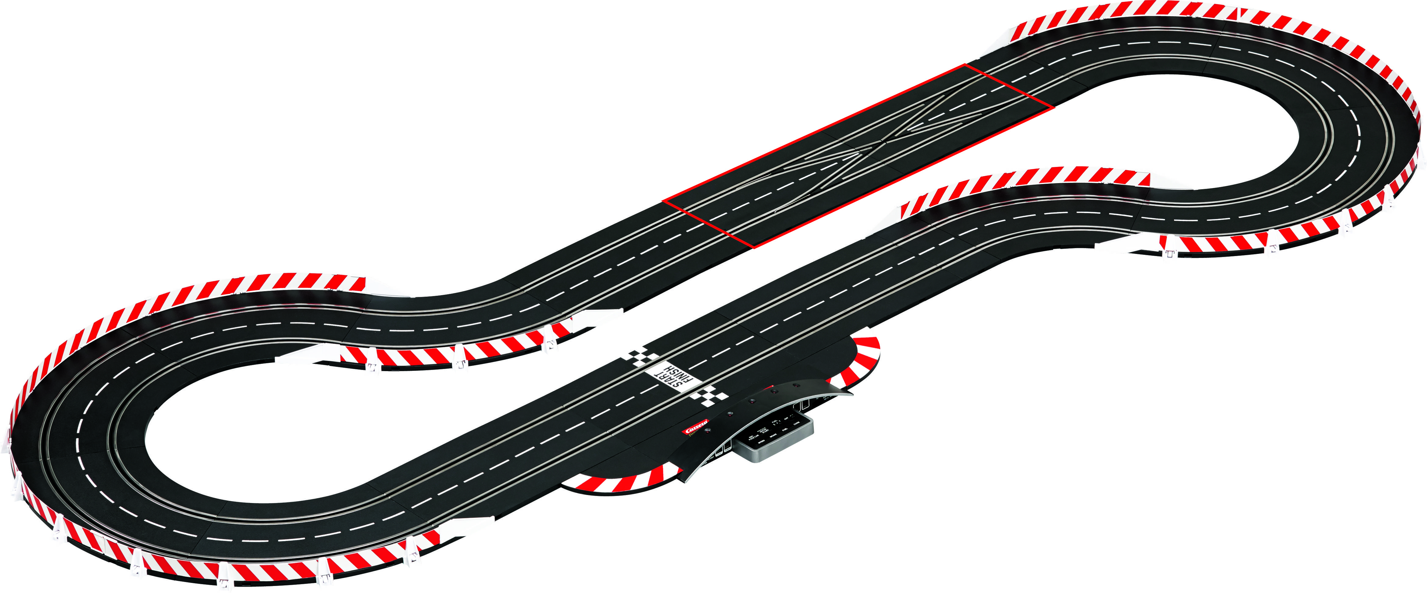 Une piste de voitures de slot en noir, disposée en forme de huit, avec des bordures rayées en rouge et blanc et une ligne d'arrivée au centre.