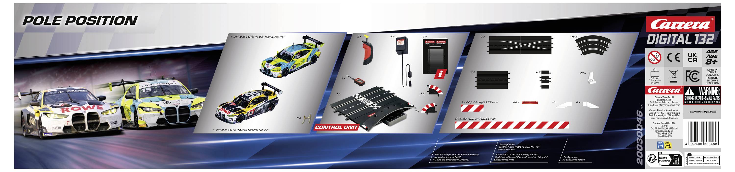 Coffret de circuit routier 'Carrera Digital 132 Pole Position' avec image de boîte montrant deux voitures, des éléments de circuit, des manettes de contrôle et un manuel de montage.