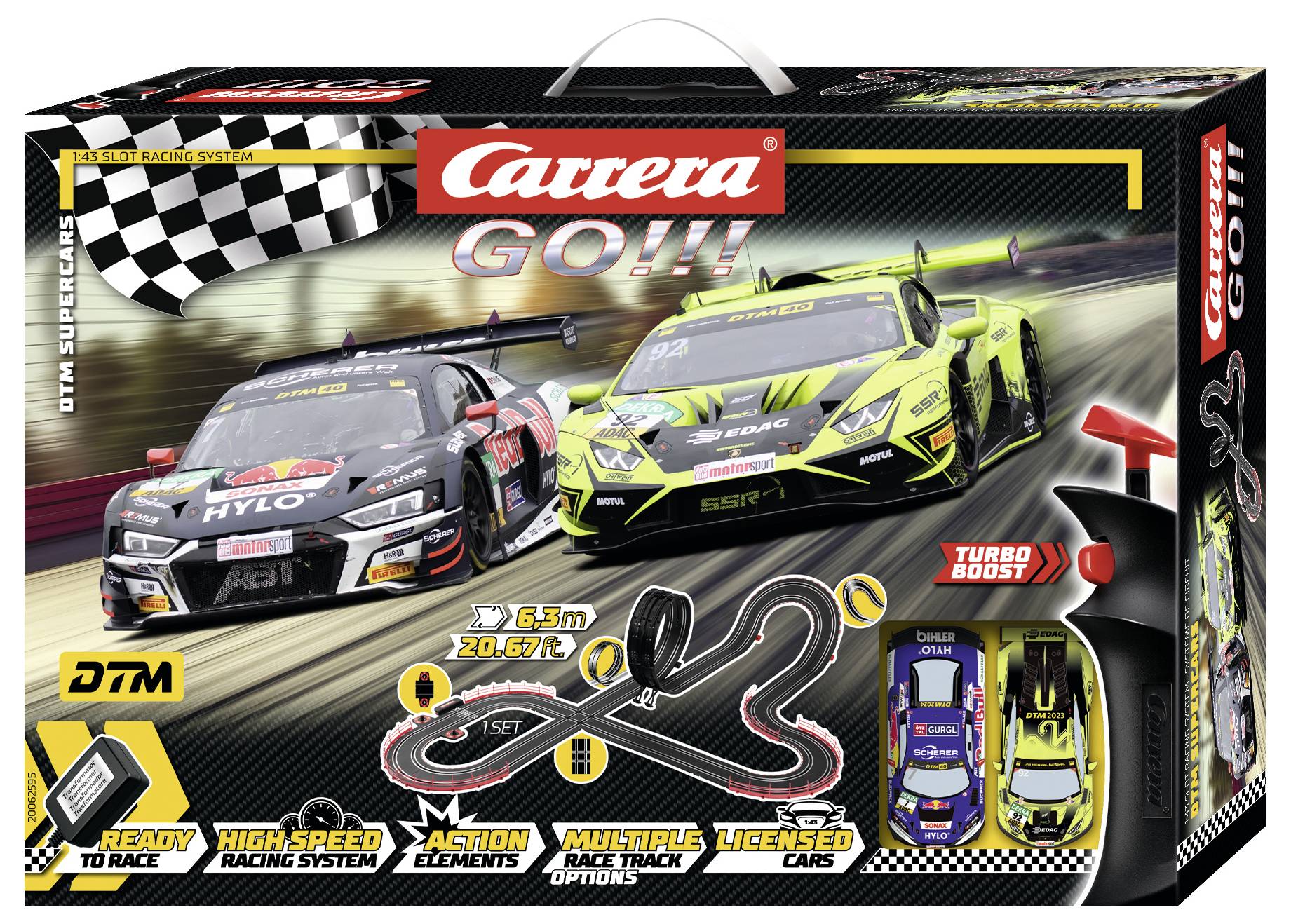 Ensemble de jouet 'Carrera GO!!!' montrant des Supercars DTM sur un circuit de course. Présente la configuration du circuit, deux voitures de course haute vitesse et des éléments d'action.