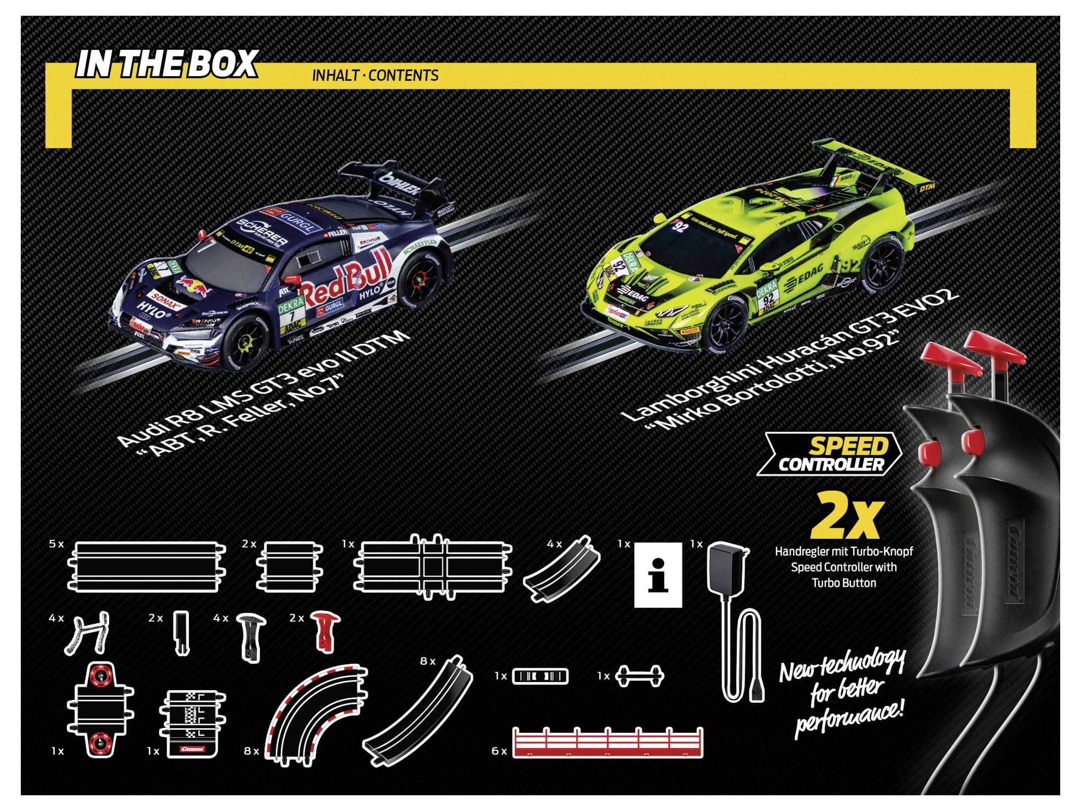 Boîte contenant une image de deux voitures miniatures : une Audi R8 LMS GT3 et une Lamborghini Huracán GT3, accompagnées de pièces de circuit et de 2 contrôleurs de vitesse.