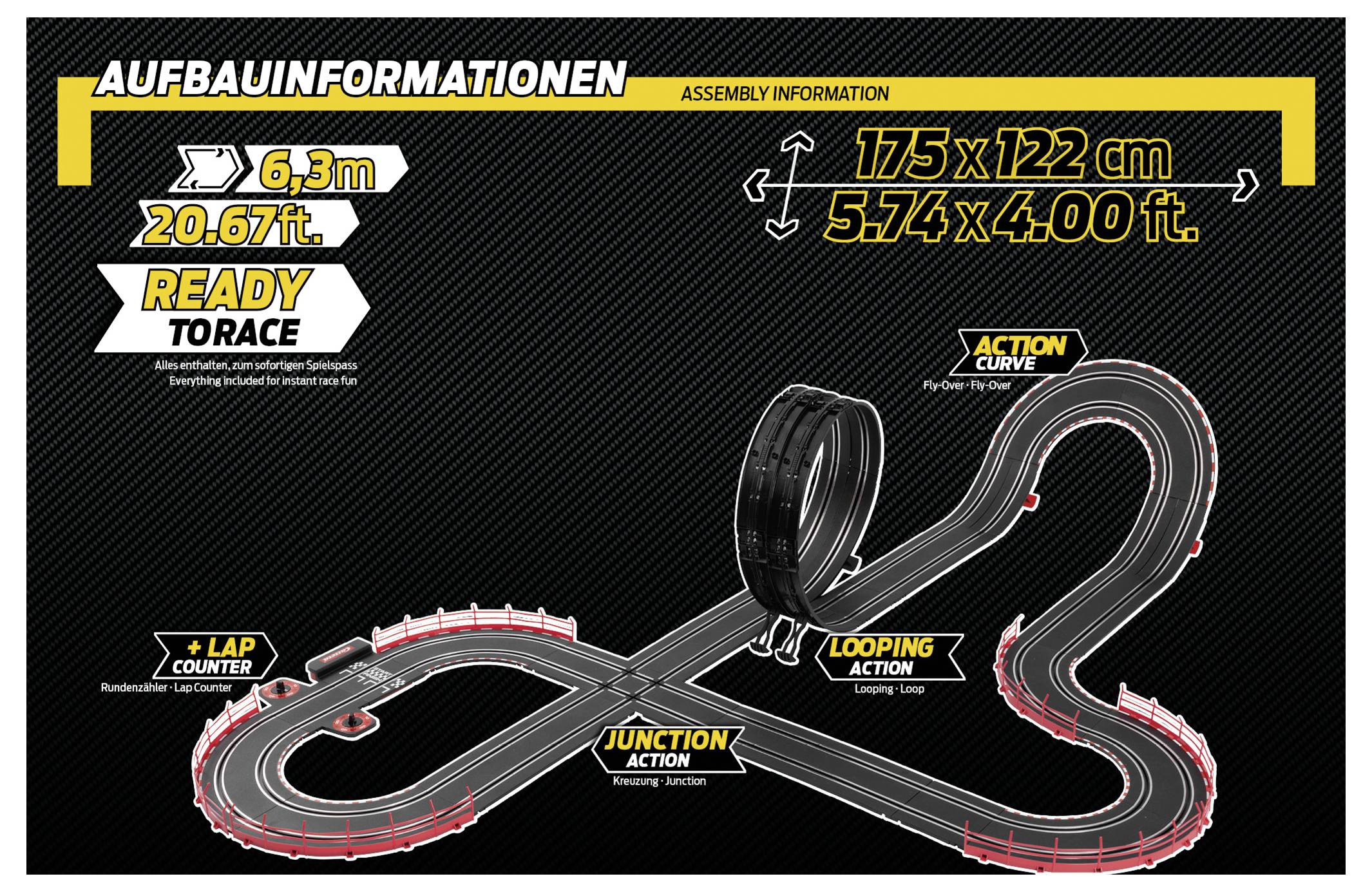 'Informations d'assemblage : Les dimensions de la piste sont de 6,3 m x 1,75 m x 122 cm (20,67 pi x 5,74 pi x 4,00 pi). Les caractéristiques comprennent une action de bouclage et un compteur de tours.'