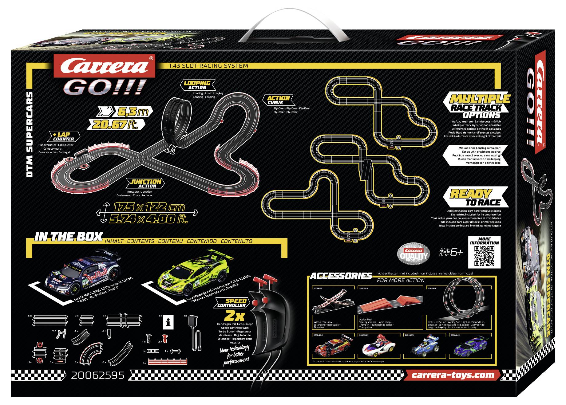 Piste de course de jouet 'Carrera GO!!!' présentant des configurations de circuit, deux voitures de course DTM, des manettes, des accessoires et des détails d'installation.