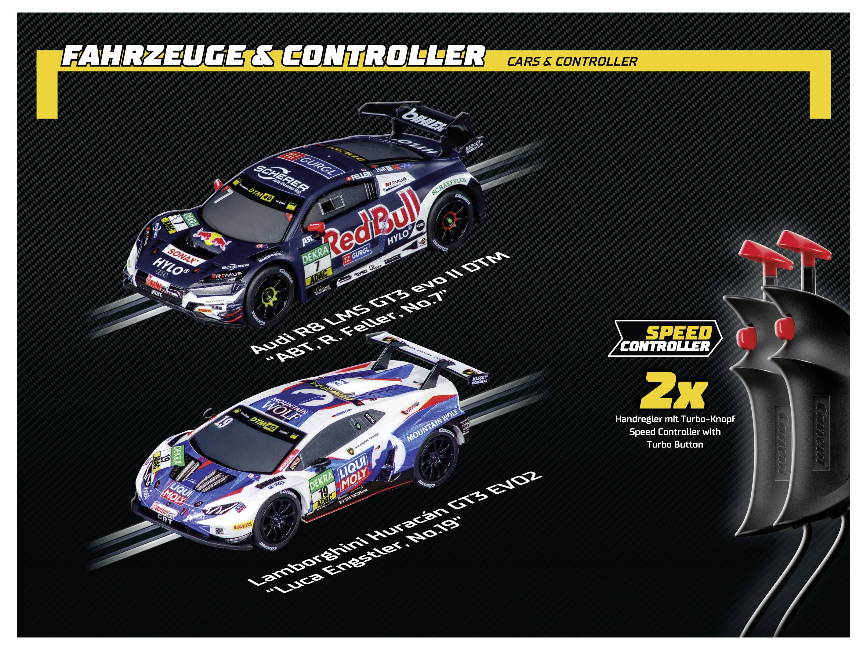 'VÉHICULES & CONTRÔLEUR VOITURES & CONTRÔLEUR' Deux modèles réduits de voitures de course étiquetés 'Audi R8 LMS GT3 Evo II GTM' et 'Lamborghini Huracán GT3 EVO2' ; contrôleur de vitesse inclus.