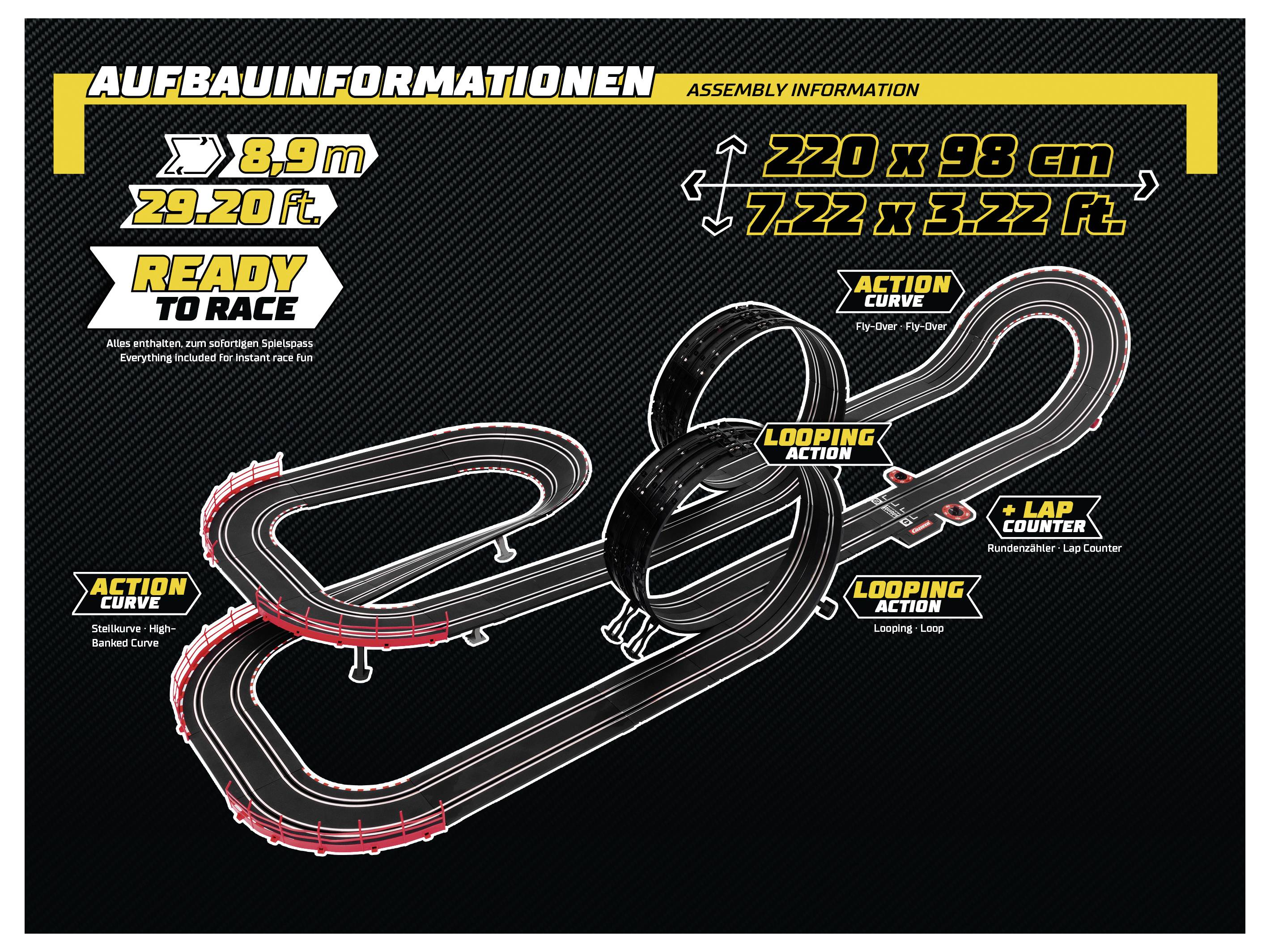 Schéma d'« Informations d'assemblage » présentant une disposition de piste de course avec les dimensions : 220 x 98 cm (7,22 x 3,22 pi), longueur 8,9 m (29,20 pi). Les pistes présentent des actions en boucle et des courbes.
