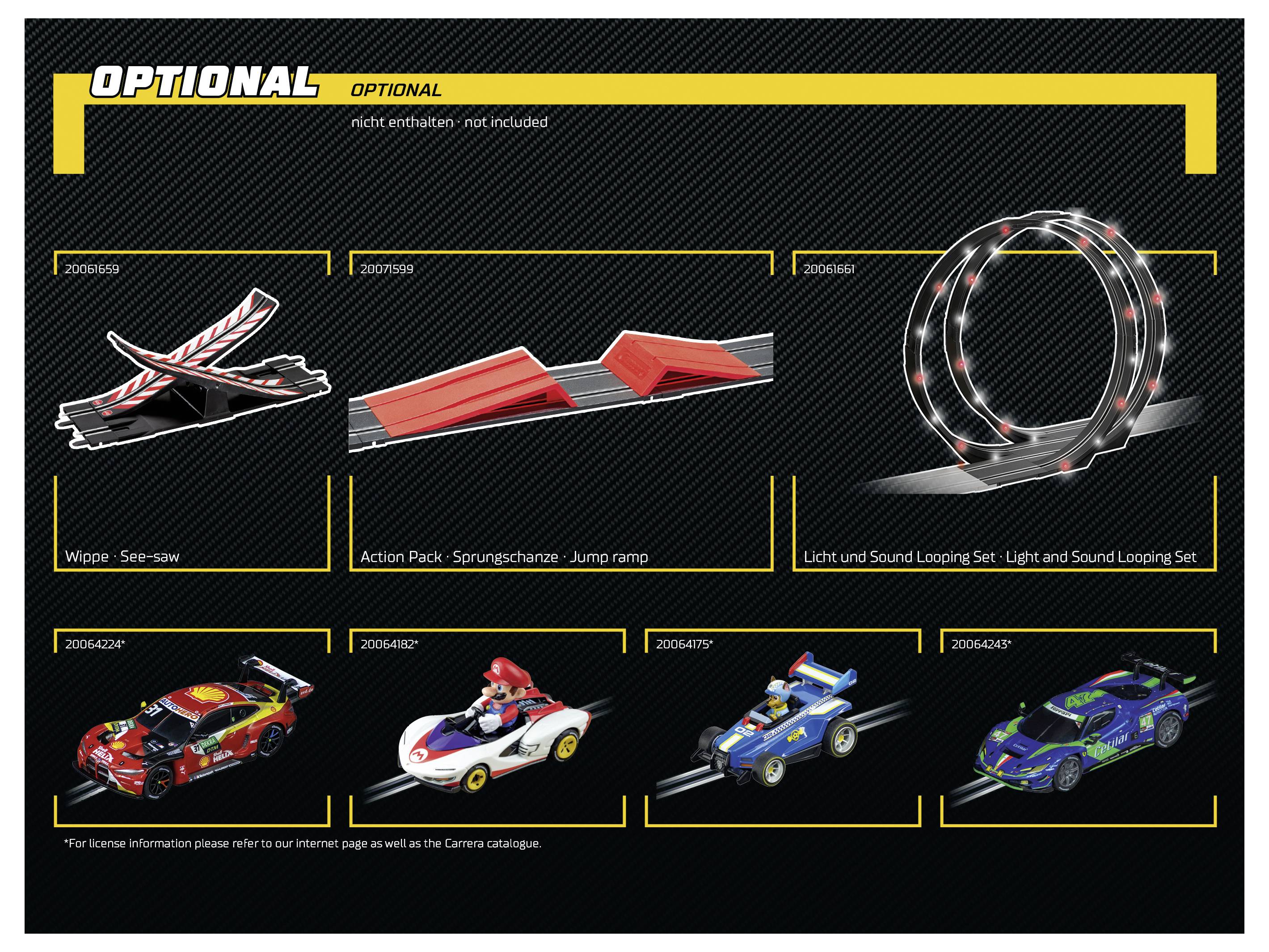 Des accessoires optionnels pour circuit automobile comprennent une bascule, une rampe de saut et un ensemble de boucle avec effets lumineux et sonores, accompagnés d'images de diverses voitures miniatures.