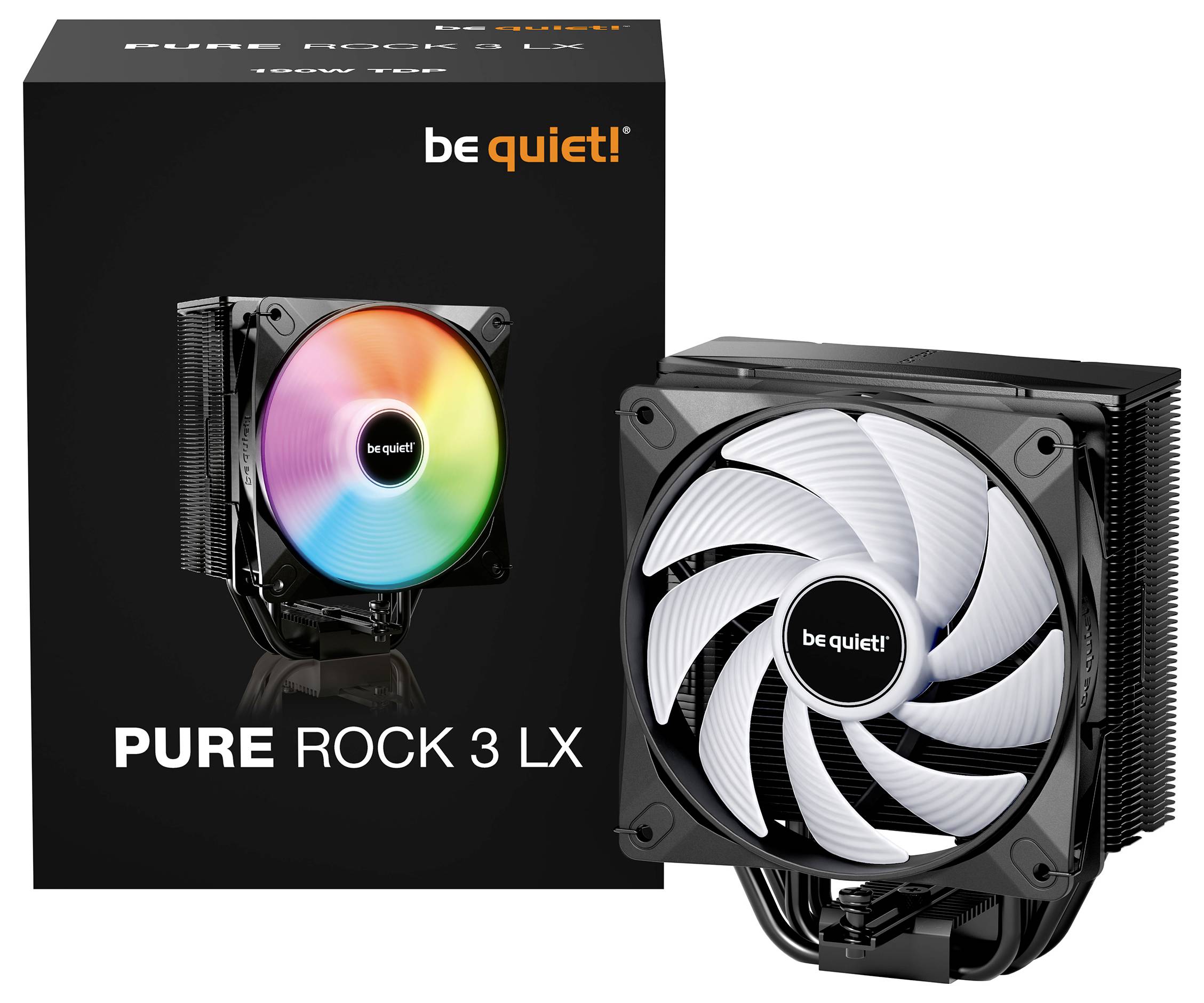 Un dissipateur de chaleur CPU noir pour ordinateur avec un ventilateur à LED arc-en-ciel, de la marque 'be quiet!'. La boîte indique le nom du modèle 'PURE ROCK 3 LX, 150W TDP'.