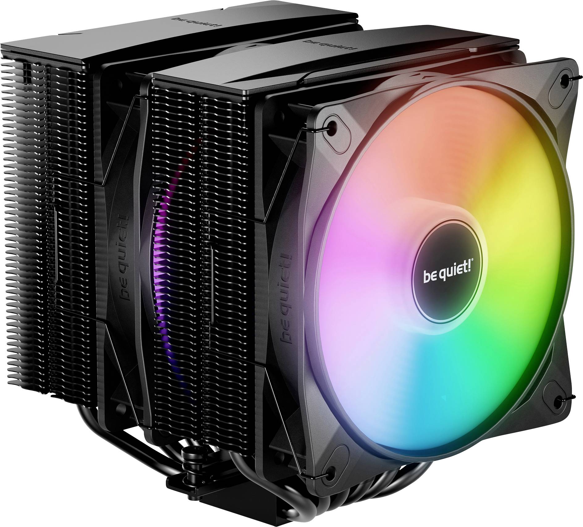 Un refroidisseur de processeur à double tour avec éclairage RGB sur le ventilateur et le logo « be quiet! » est présenté, mettant en valeur sa conception et ses capacités de refroidissement.