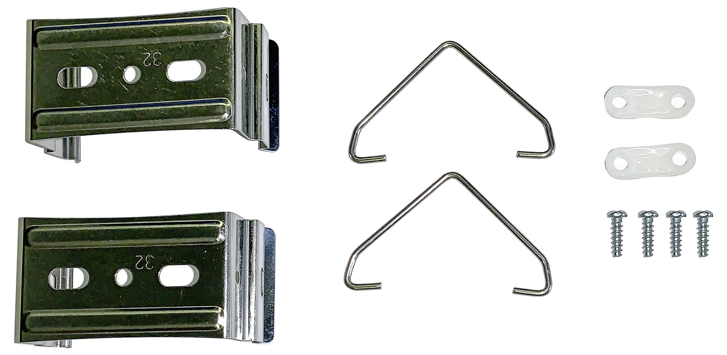 Mounting hardware kit with two metal brackets, two wire hangers, two plastic anchors, and four screws, suitable for wall installation.