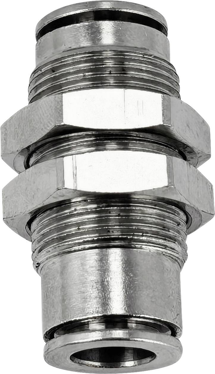 Raccord de tuyau fileté en métal avec écrou hexagonal, présenté isolé sur fond blanc.