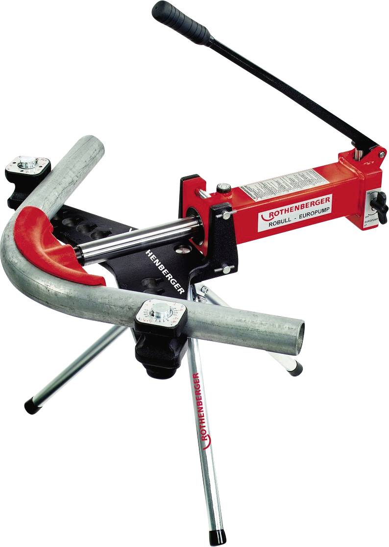 Un cintreuse manuelle avec une poignée rouge, une base en métal et un levier noir, conçue pour plier des tuyaux ou des tubes à différents angles.