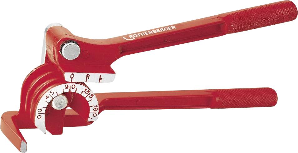 Un outil cintreuse de tuyaux rouge avec des mesures marquées sur un cadre semi-circulaire, utilisé pour plier les tuyaux à des angles spécifiques.
