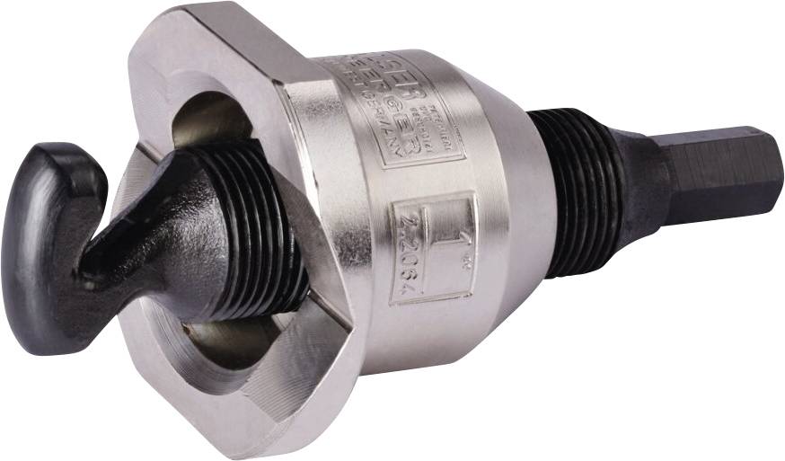 Un outil métallique avec un mandrin hexagonal et un bouton fileté, utilisé pour créer des trous ou des agrandissements dans divers matériaux.
