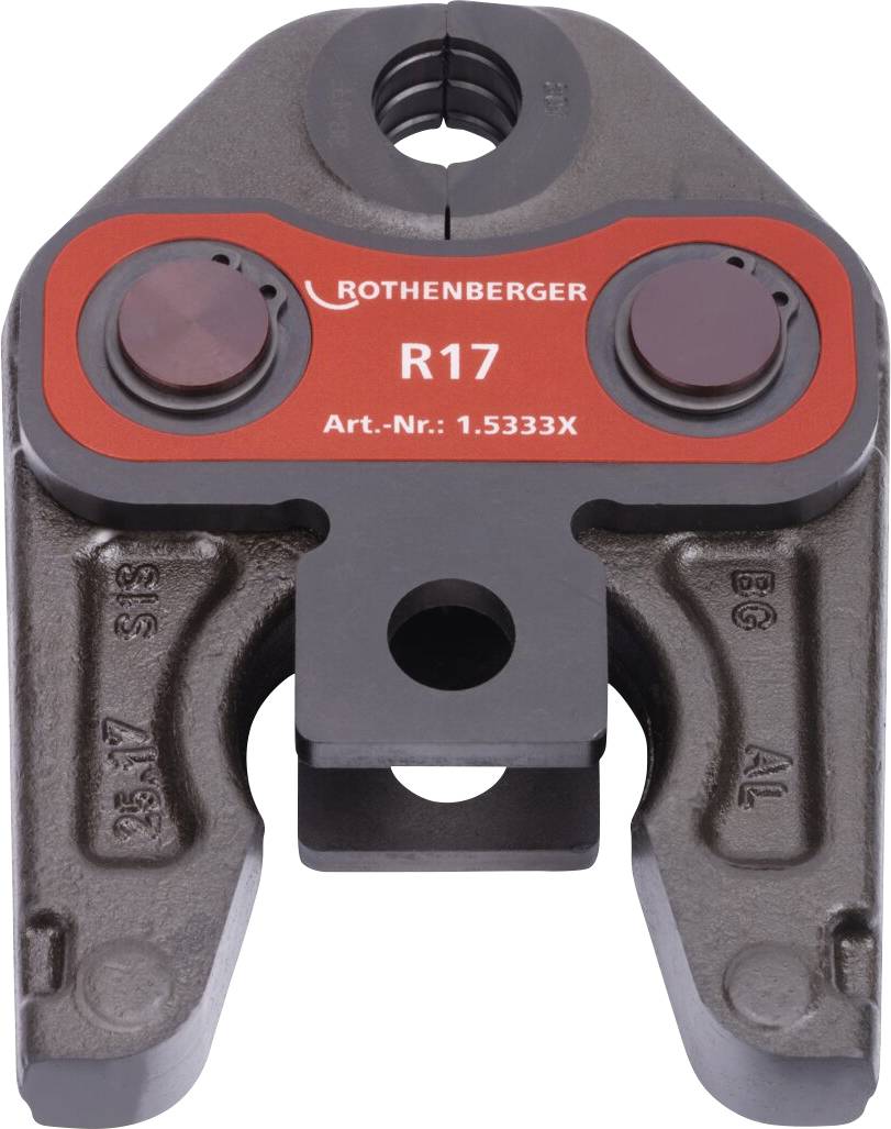 Un outil de sertissage Rothenberger en métal avec mâchoire de presse, étiqueté 'R17' et portant le numéro de pièce '1.5333X', conçu pour le sertissage ou l'assemblage de tuyaux.