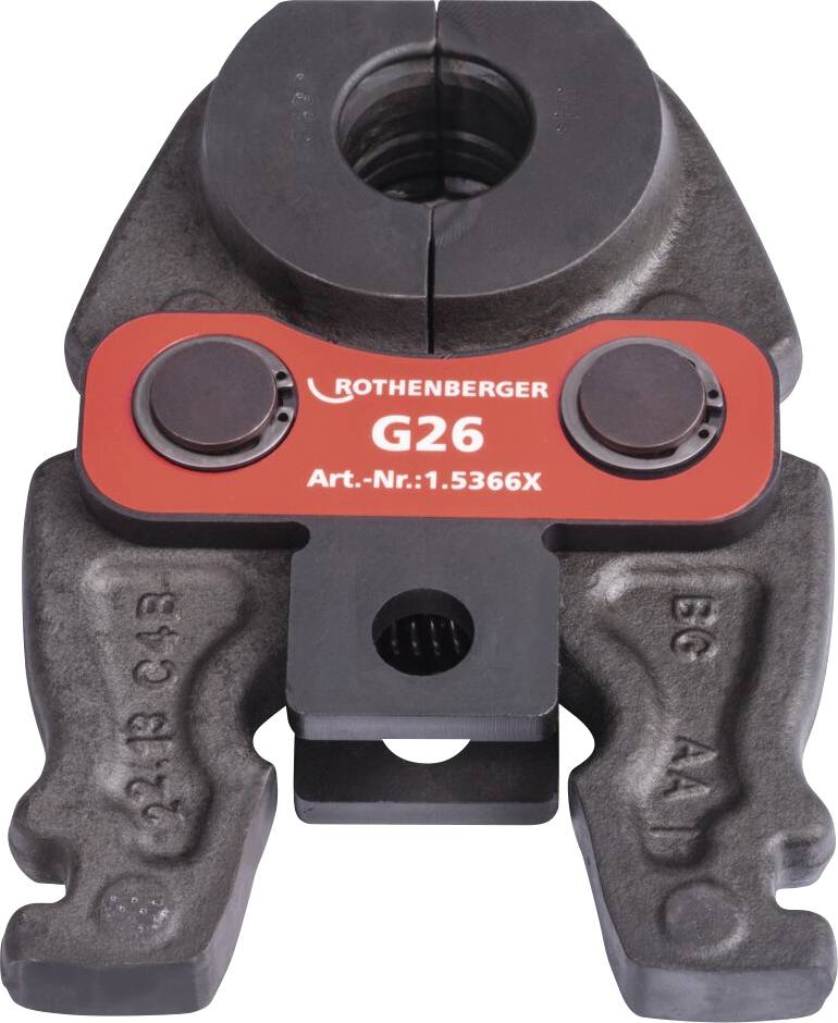Un outil de serrage métallique robuste, avec une mâchoire étiquetée 'Rothenberger G26 Art.-Nr.:1.5366X', utilisé pour des applications de plomberie ou de raccordement de tuyaux.