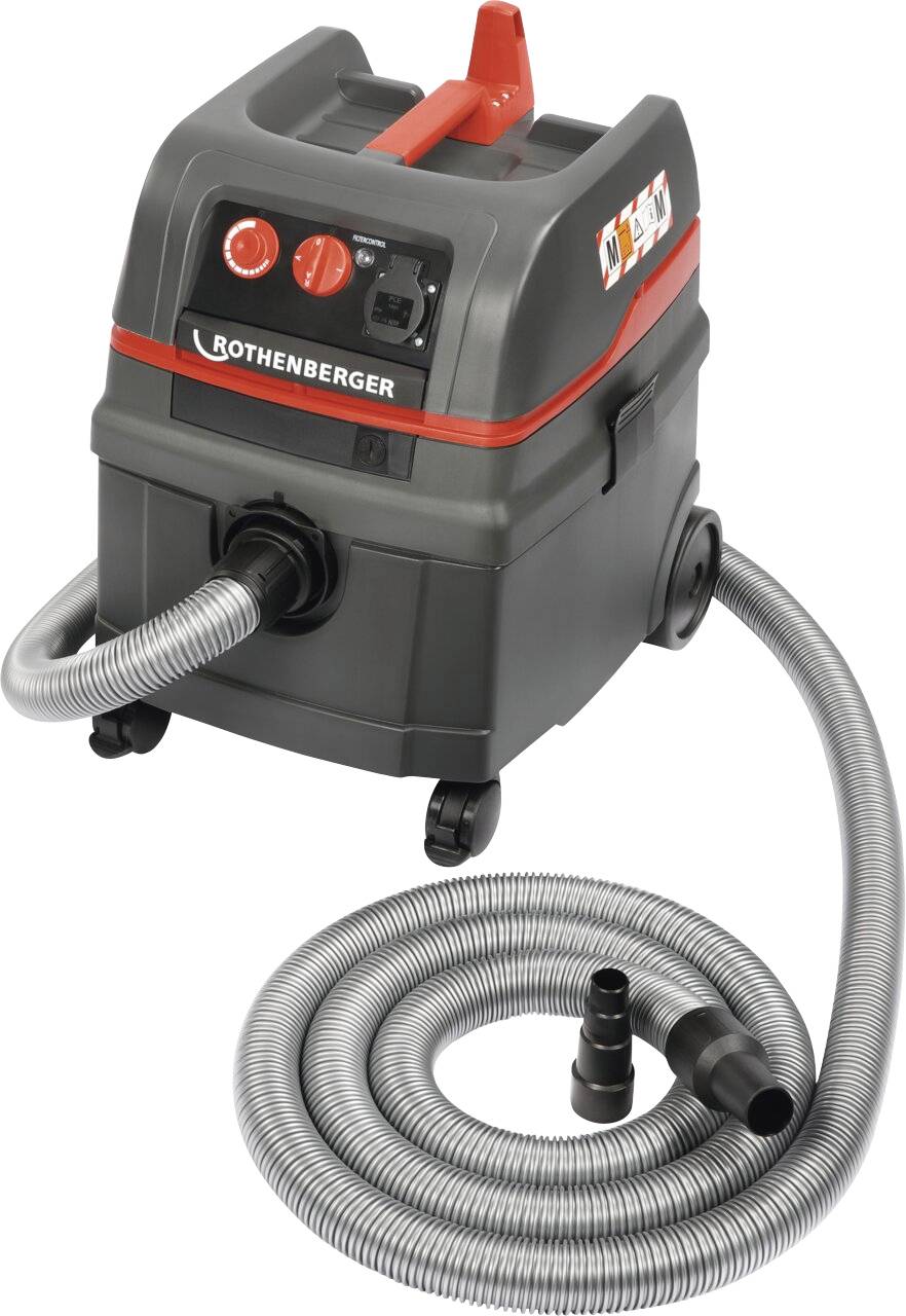Un aspirateur industriel noir et gris doté d'un tuyau d'aspiration, avec des accents rouges et des commandes visibles sur le panneau avant.
