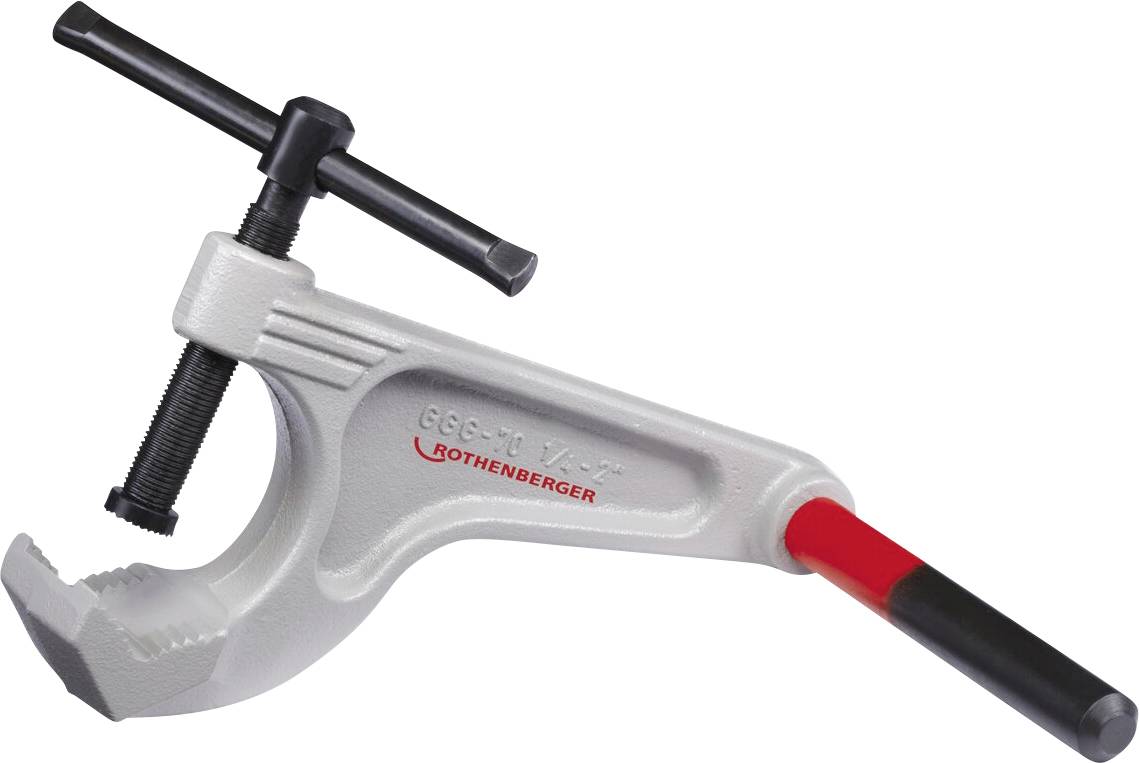 Une clé à pipe en argent avec une poignée rouge et un mécanisme à vis, utilisée pour saisir et tourner des tuyaux, étiquetée 'ROTHENBERGER'.