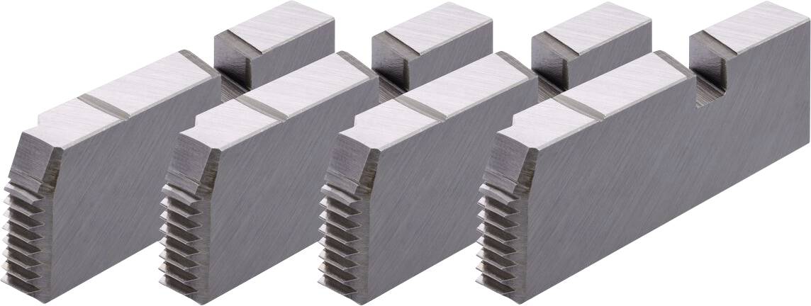 Quatre barres métalliques parallèles avec des rainures et des indentations, probablement utilisées comme composants industriels ou outils.