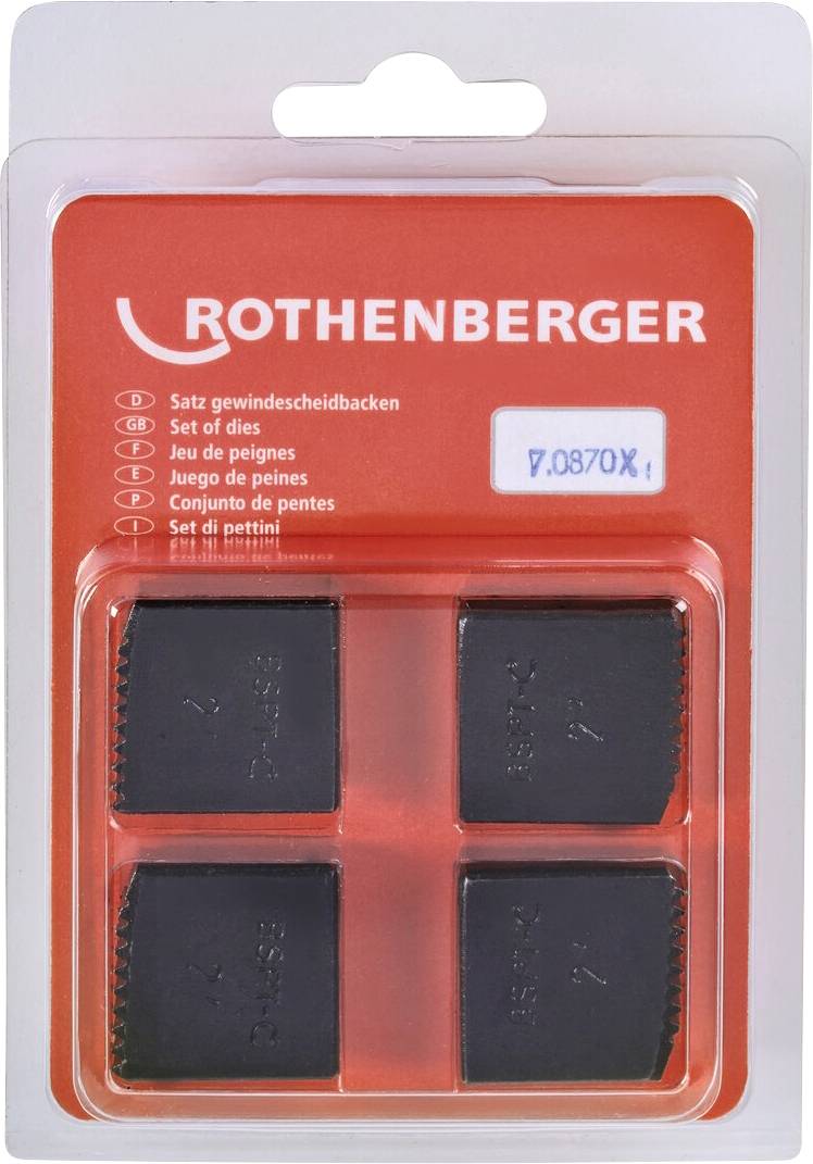Ensemble de filières 'Rothenberger' dans un emballage rouge, comprenant quatre filières noires pour le filetage des tuyaux.