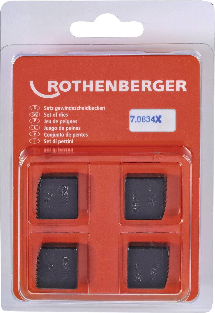 Jeu de filières de coupe-filets de Rothenberger, numéro de modèle 7.0834X, comprenant quatre ensembles pour différentes applications de filetage.