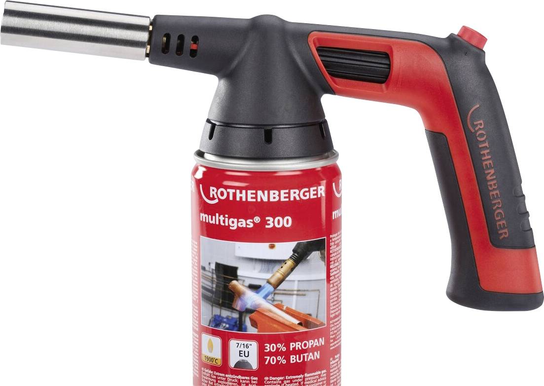Chalumeau à gaz portable 'ROTHENBERGER' avec poignée rouge et noire, fixé à une bouteille de gaz 'Multigas 300'. Utilise 30% de propane, 70% de butane.