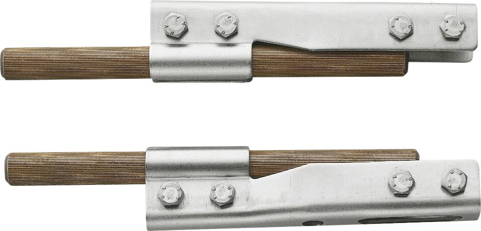 Deux charnières métalliques avec des tiges brunes utilisées pour le support structural. Chaque charnière est dotée de boulons pour la fixation et présente une finition métallique élégante.