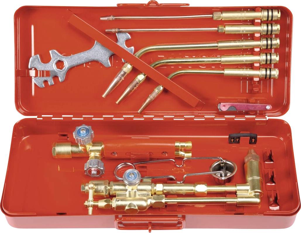 Une boîte à outils rouge contient divers outils et accessoires de soudage, notamment des torches, une clé et des buses, soigneusement rangés pour une utilisation immédiate.