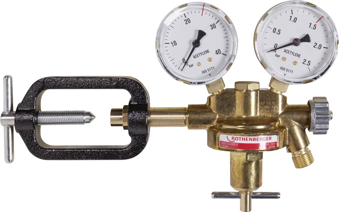 Régulateur de pression de gaz avec deux manomètres pour acétylène, étiqueté « ROTHENBERGER », utilisé pour contrôler et mesurer le débit de gaz dans des applications industrielles.