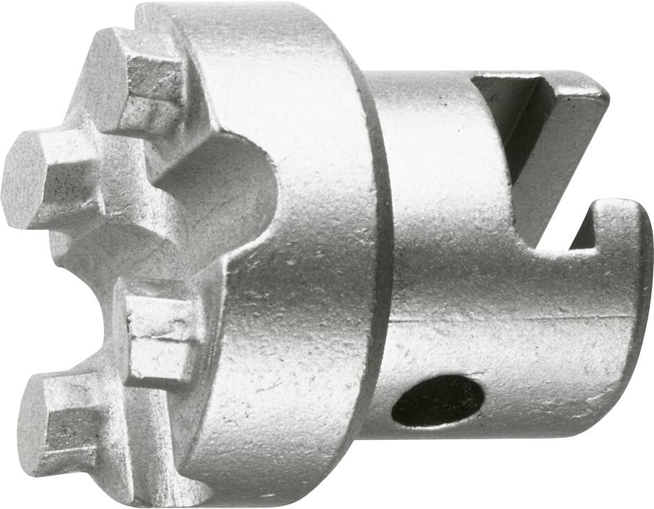 Un outil métallique doté d'un corps cylindrique et d'une extrémité en forme d'étoile, présentant des encoches et des rainures, utilisé pour fixer ou ajuster des composants mécaniques.