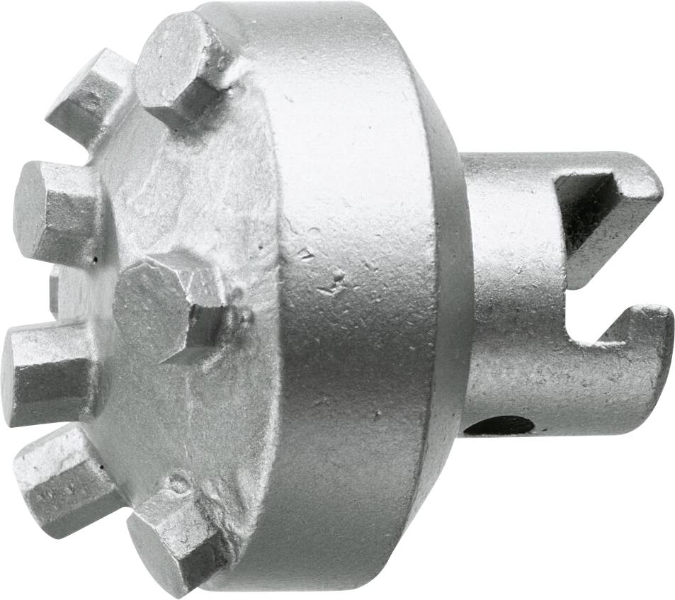 Un foret multipoint métallique doté d'une base cylindrique et de six arêtes de coupe saillantes, conçu pour des perçages spécialisés.