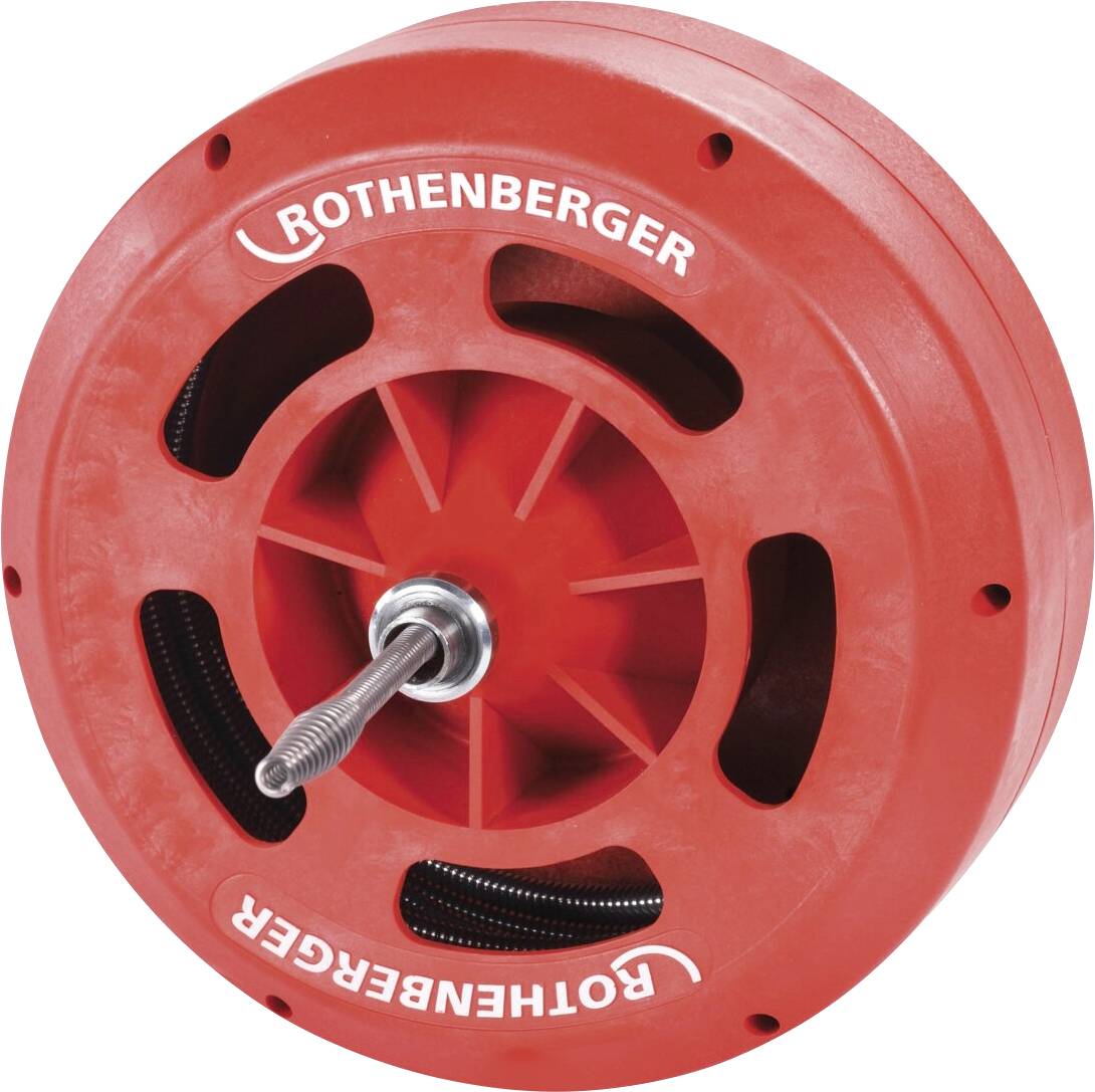 Outil de débouchage rouge de la marque 'ROTHENBERGER' imprimée sur son côté, avec un ressort hélicoïdal sortant de son centre.