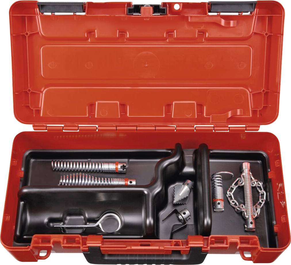 Un étui à outils rouge est ouvert, révélant un ensemble d'outils et d'accessoires divers soigneusement rangés à l'intérieur.