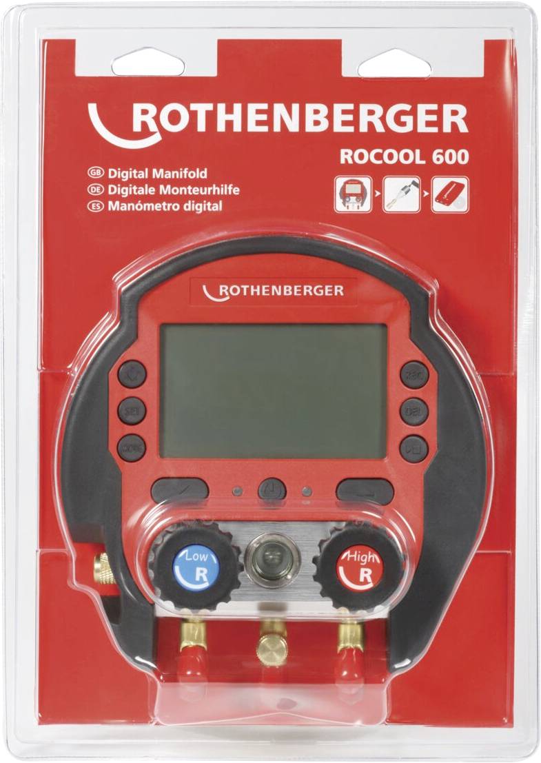 Appareil collecteur numérique ROTHENBERGER ROCOOL 600 dans son emballage, montrant les boutons de commande, l'écran d'affichage et les ports de connexion pour une utilisation en CVC.