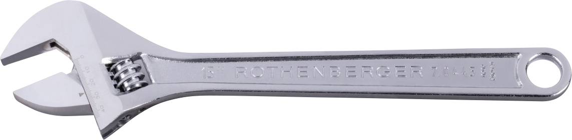 Une clé à molette ajustable en argent avec un trou à l'extrémité de la poignée pour la suspendre. L'inscription indique « ROTHENBERGER ».