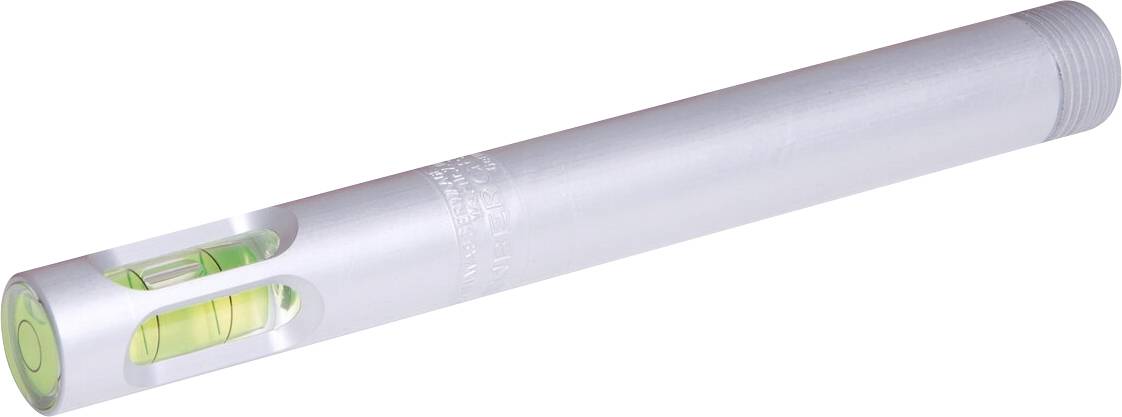 Un outil cylindrique en argent avec un niveau à bulle verte à une extrémité, utilisé pour s'assurer que les surfaces sont de niveau.