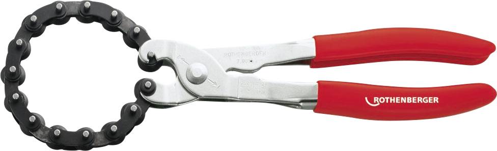 Coupe-tube à chaîne avec poignées rouges et chaîne noire, utilisé pour couper des tuyaux avec précision et rapidité.