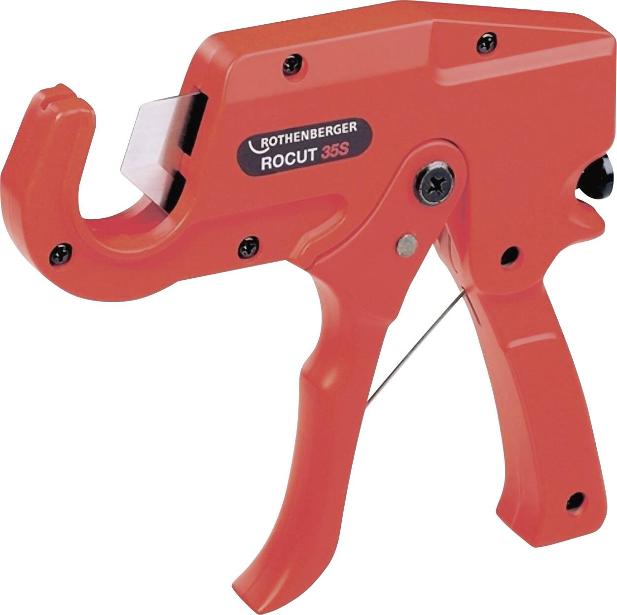 Un coupe-tube rouge étiqueté 'ROTHENBERGER ROCUT 35S' conçu pour couper des tuyaux avec précision.