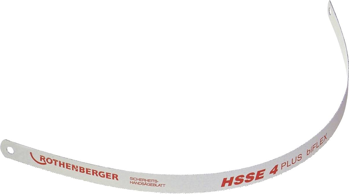 Une lame de scie métallique courbe étiquetée 'Rothenberger HSSE 4 PLUS bifleX', conçue pour des tâches de coupe de haute précision.
