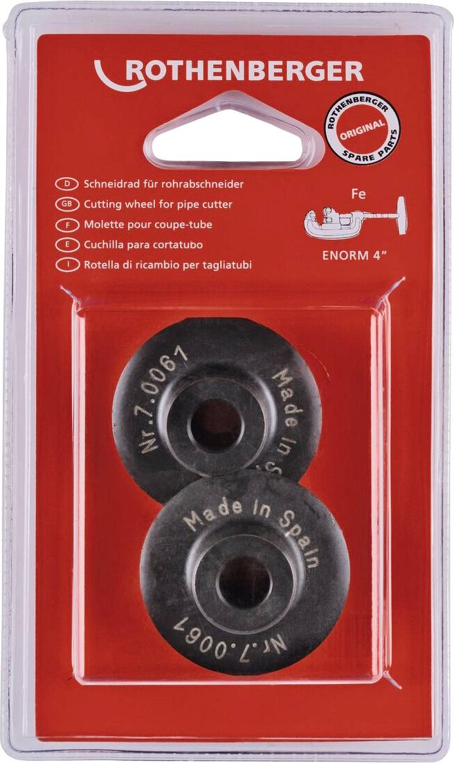 Lot de deux roues de coupe Rothenberger pour coupe-tubes, étiquetées 'Fabriqué en Espagne', dans un blister rouge avec détails du produit.