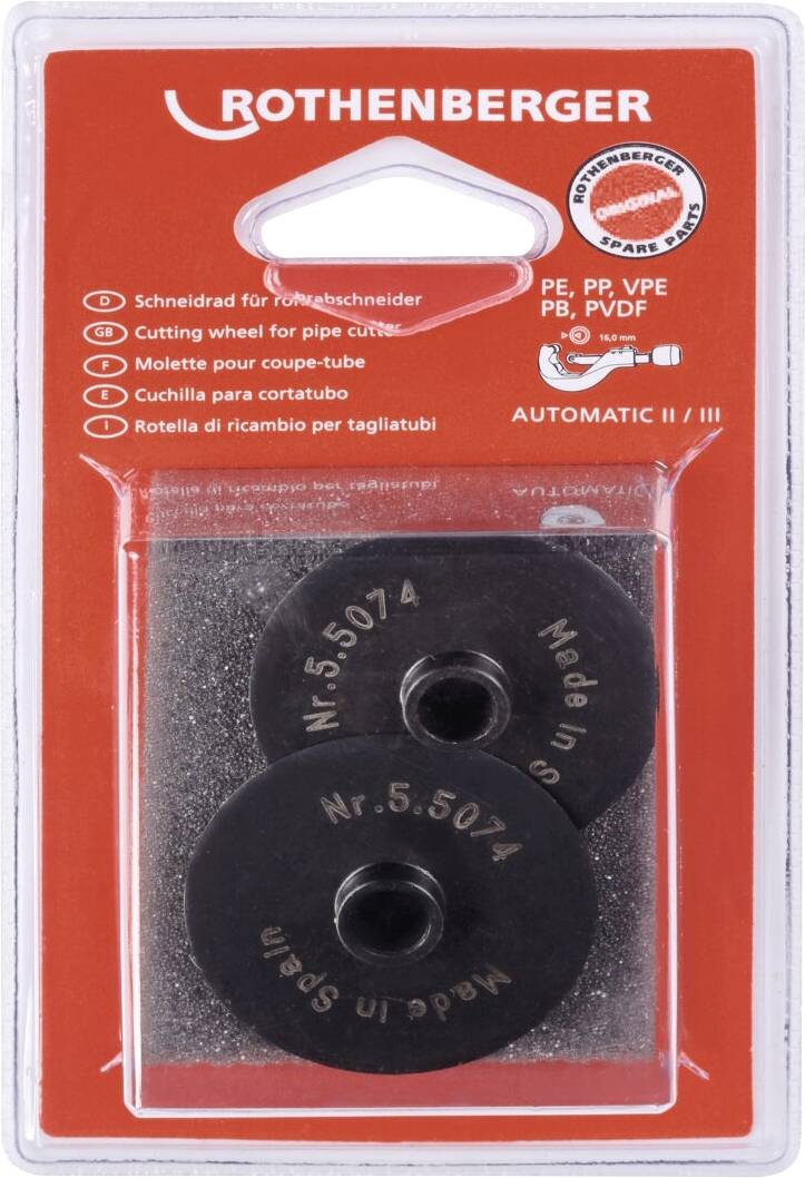 Lot de deux roues de coupe Rothenberger pour coupe-tubes, compatibles avec les matériaux PE, PP, VPE, PB, PVDF, étiquetés 'Fabriqué en Espagne'.
