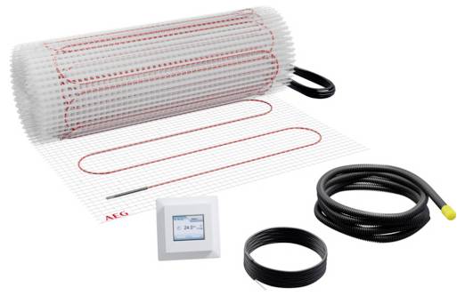 Electric underfloor heating mat with a digital thermostat, sensor cable, and conduit for installation.