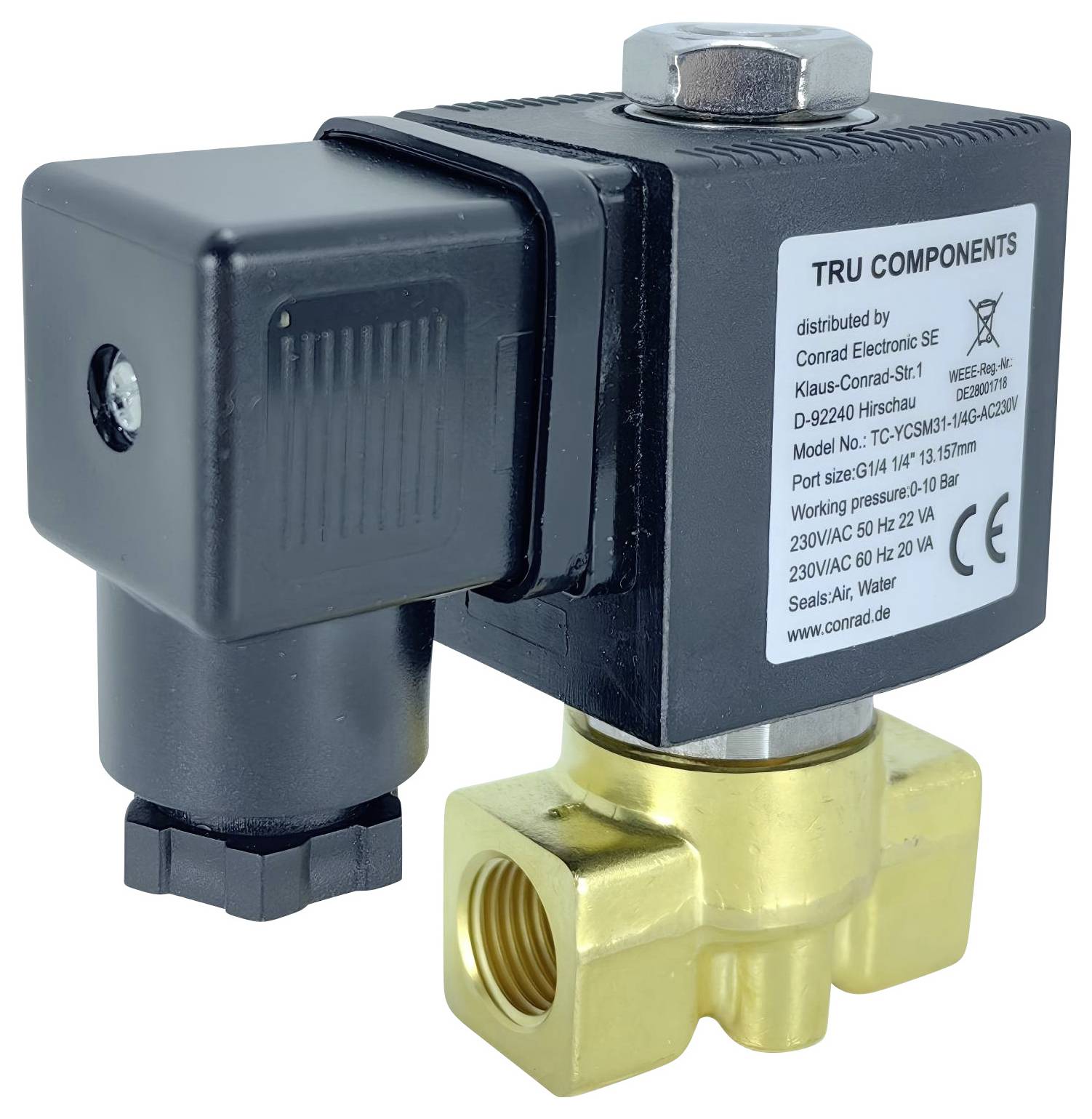 Électrovanne en laiton et en noir, étiquetée 'TRU COMPONENTS' avec plusieurs ports, conçue pour le contrôle des fluides, fonctionnement 230V CA 50Hz.