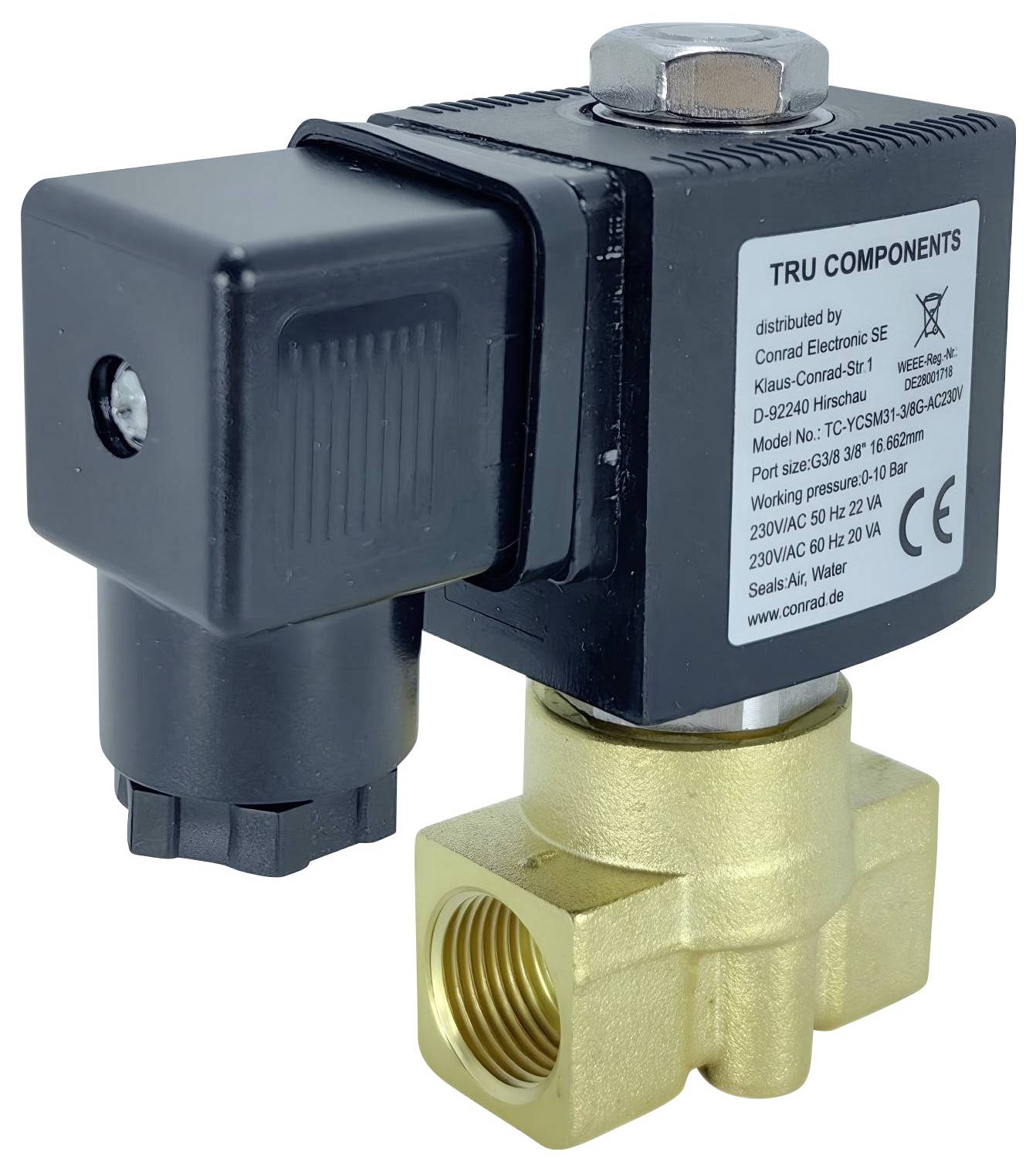Une électrovanne TRU Components noire et en laiton avec des spécifications et des détails de modèle étiquetés sur le côté. Adaptée aux systèmes de contrôle des fluides.