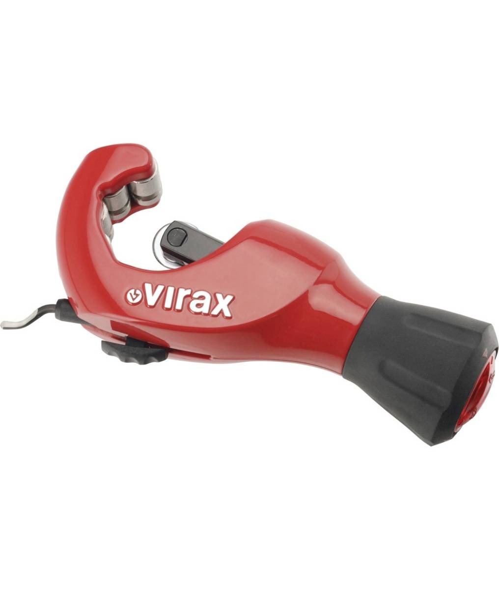 Red Virax pipe cutter tool with black grip on a white background.