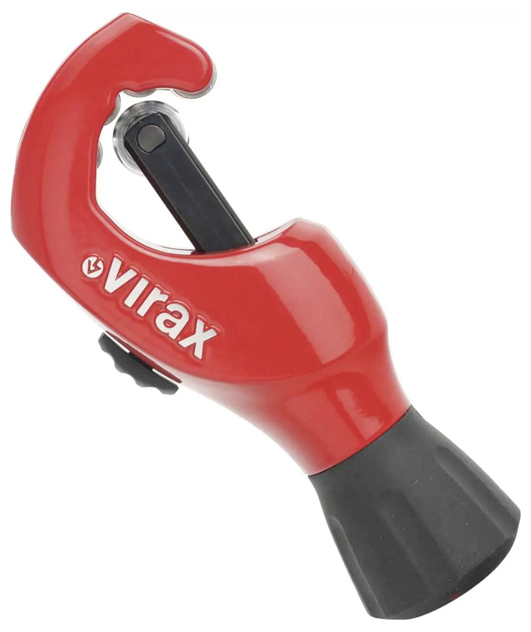 Outil de coupe de tuyau Red Virax avec poignée noire, montré sur un fond blanc.